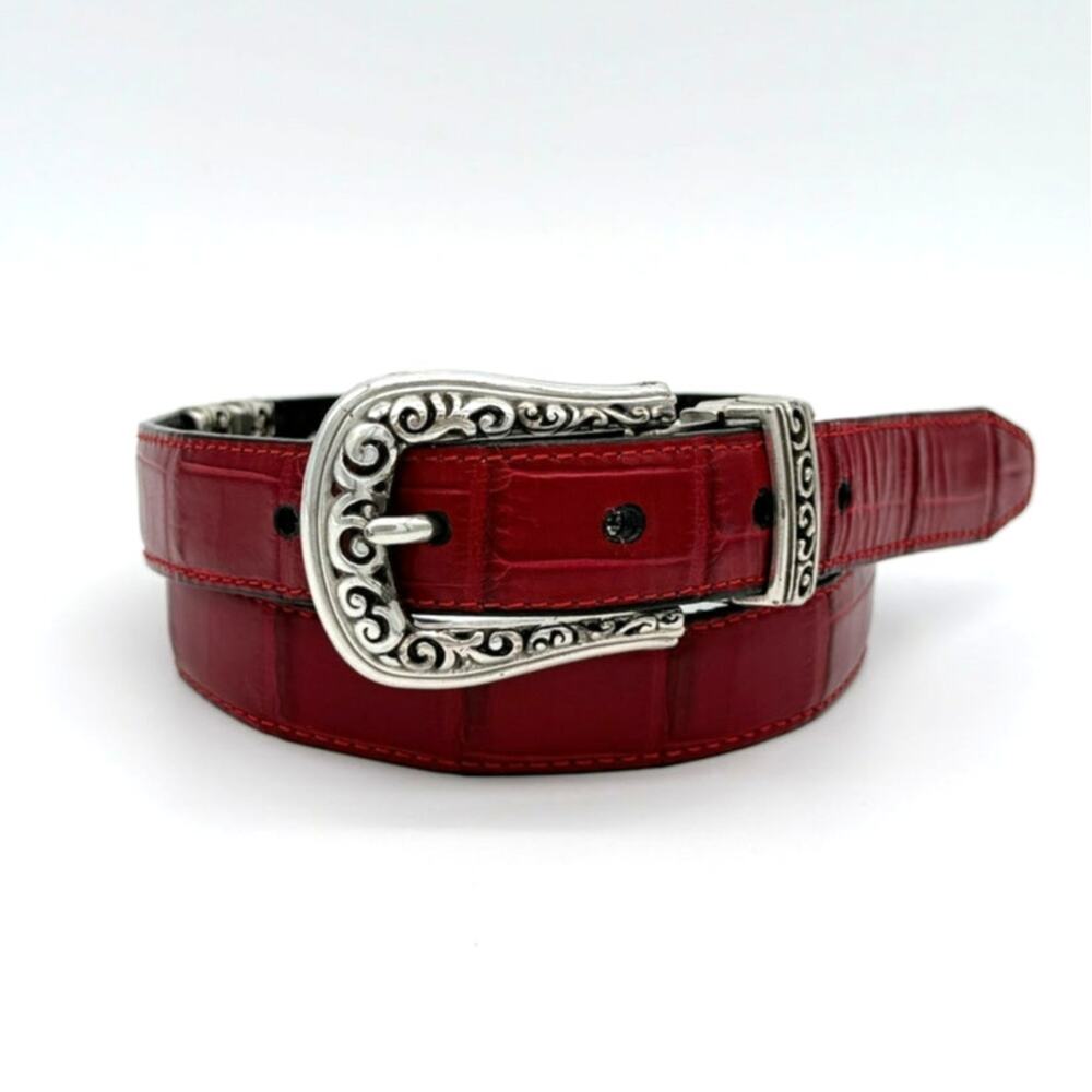 Brighton Reversible Leather Belt Red Black Croc M 30 Western Silver Tone Buckle